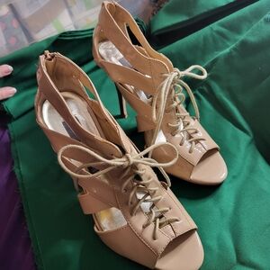 Women’s Lace-Up Peep Toe High Heel Sandals in Nude